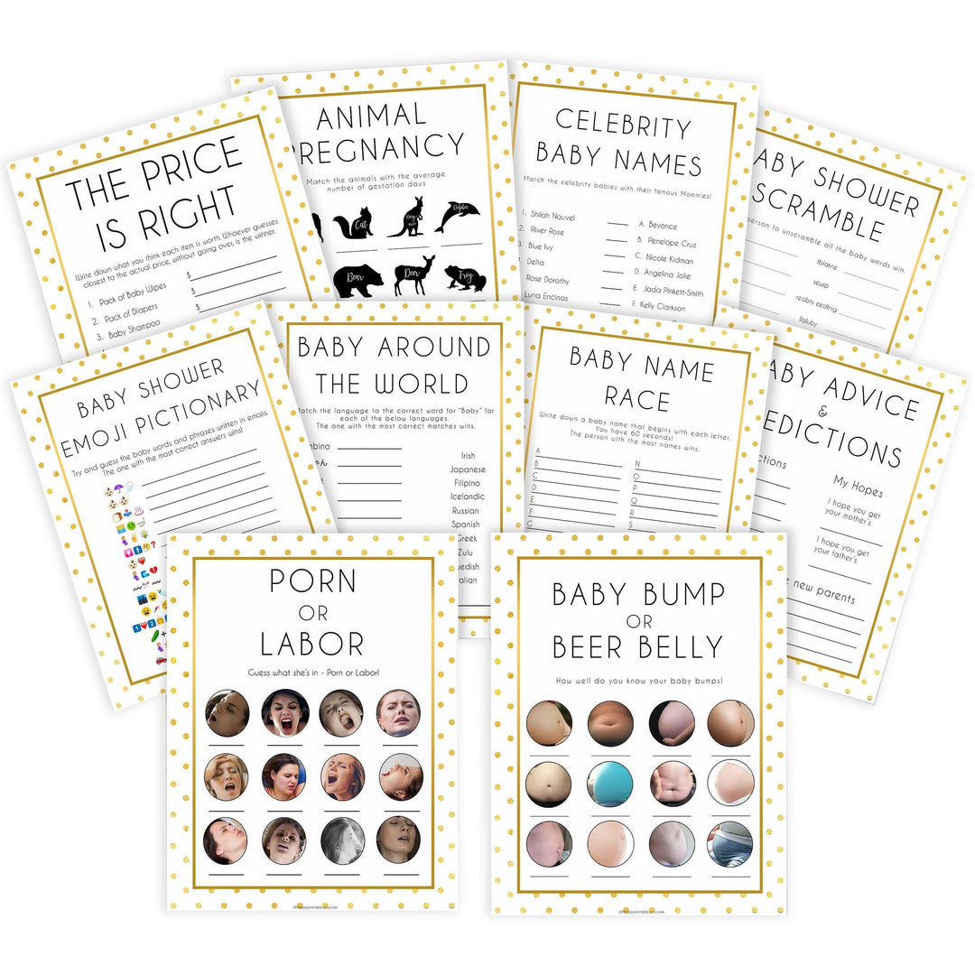 10 baby shower games, 10 baby bundles, Printable baby shower games, baby gold dots fun baby games, baby shower games, fun baby shower ideas, top baby shower ideas, gold glitter shower baby shower, friends baby shower ideas