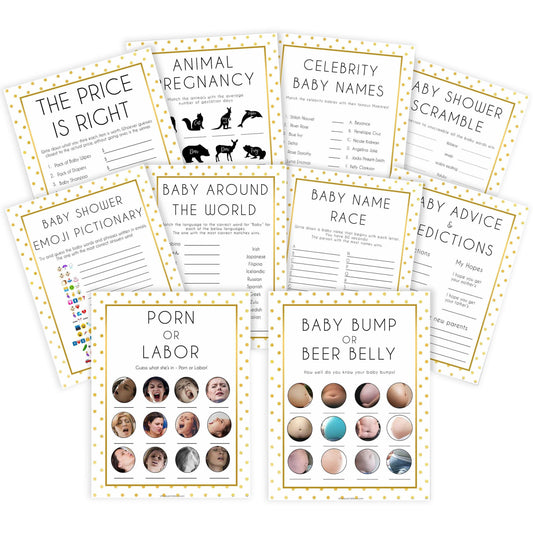 10 baby shower games, 10 baby bundles, Printable baby shower games, baby gold dots fun baby games, baby shower games, fun baby shower ideas, top baby shower ideas, gold glitter shower baby shower, friends baby shower ideas