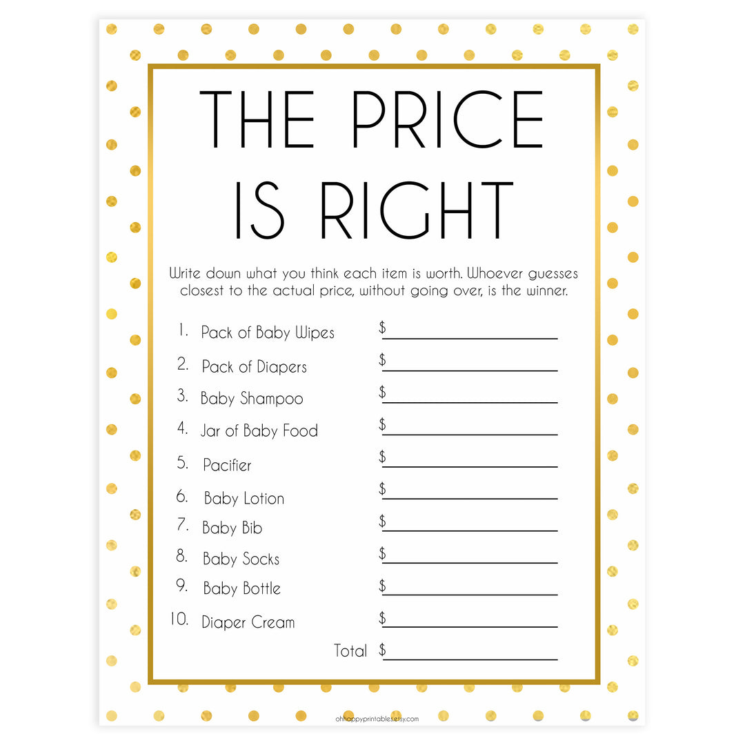 baby price is right game, price is right baby shower, Printable baby shower games, baby gold dots fun baby games, baby shower games, fun baby shower ideas, top baby shower ideas, gold glitter shower baby shower, friends baby shower ideas