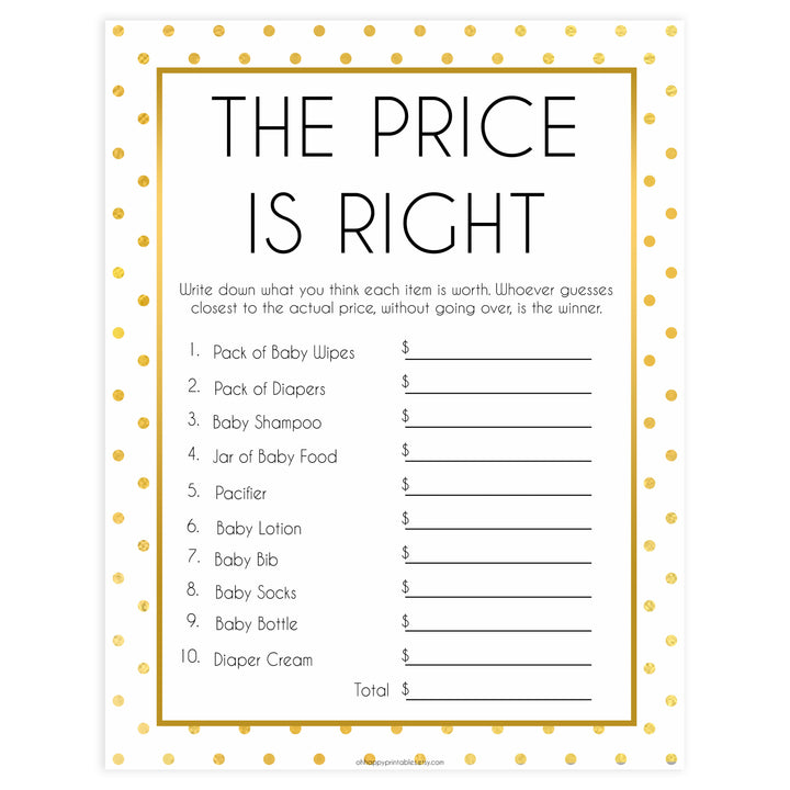 baby price is right game, price is right baby shower, Printable baby shower games, baby gold dots fun baby games, baby shower games, fun baby shower ideas, top baby shower ideas, gold glitter shower baby shower, friends baby shower ideas