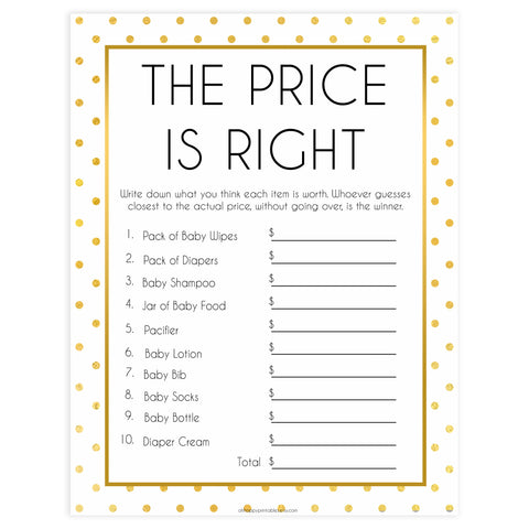 baby price is right game, price is right baby shower, Printable baby shower games, baby gold dots fun baby games, baby shower games, fun baby shower ideas, top baby shower ideas, gold glitter shower baby shower, friends baby shower ideas