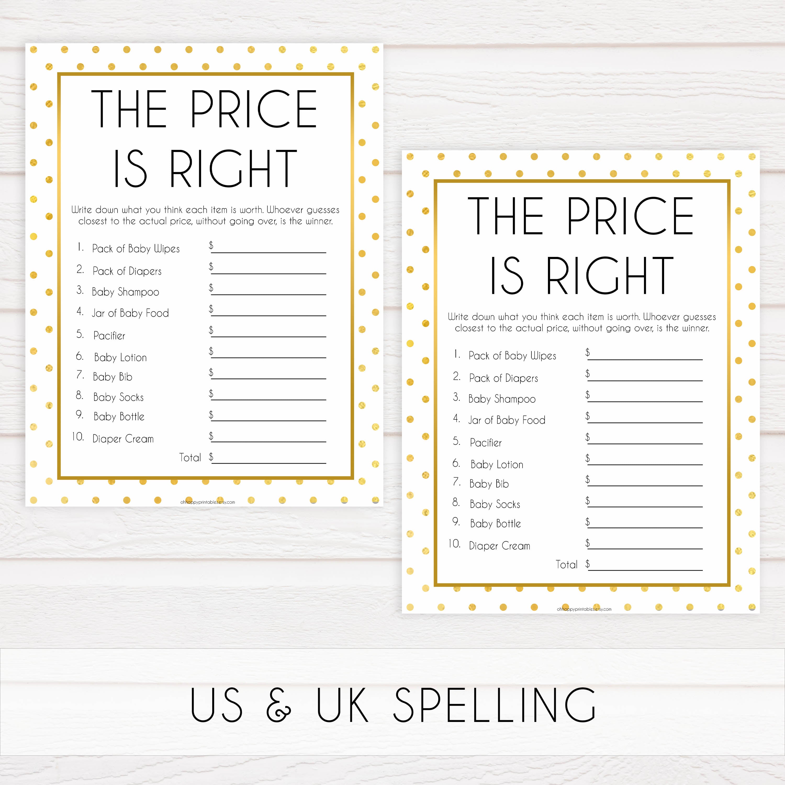 baby price is right game, price is right baby shower, Printable baby shower games, baby gold dots fun baby games, baby shower games, fun baby shower ideas, top baby shower ideas, gold glitter shower baby shower, friends baby shower ideas