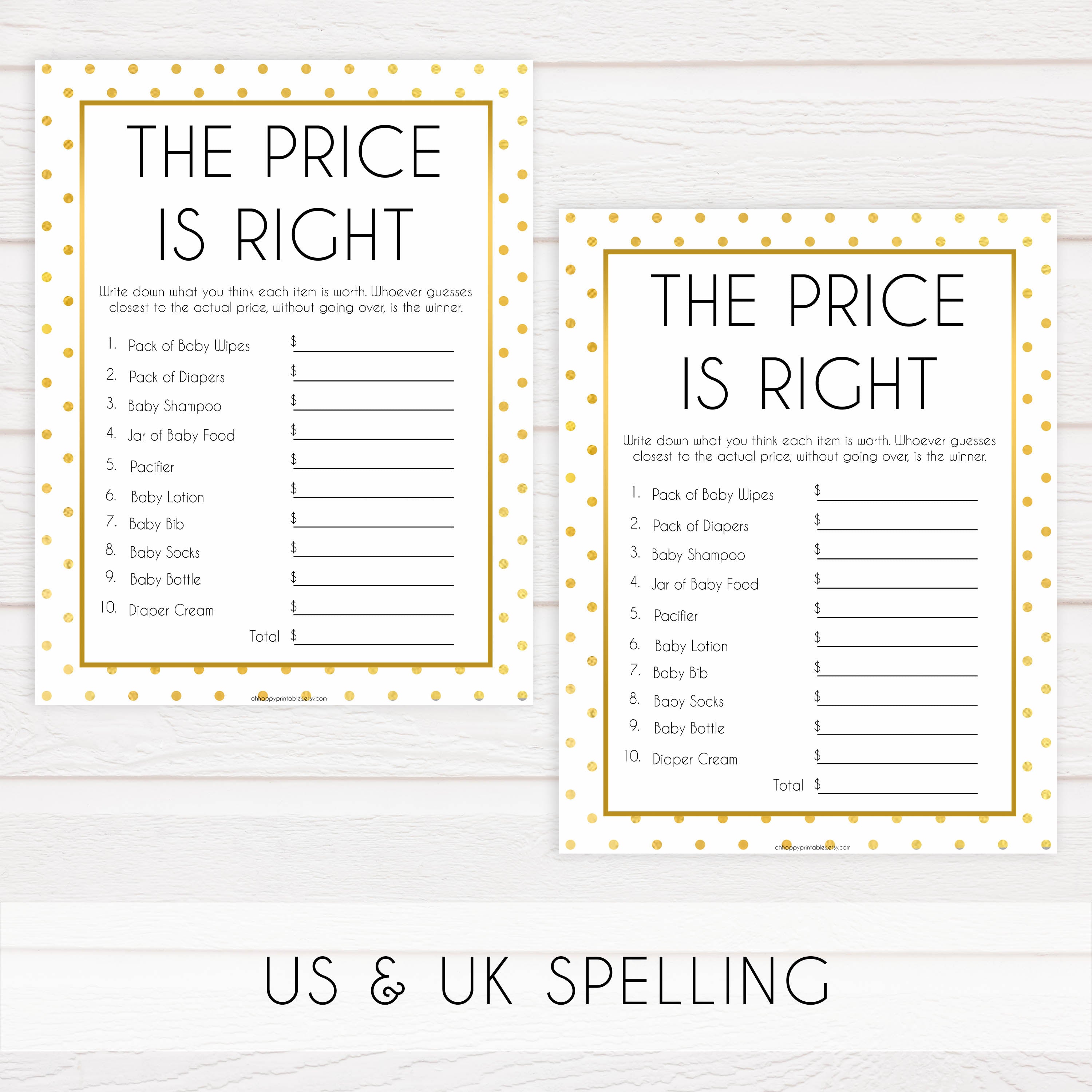 baby price is right game, price is right baby shower, Printable baby shower games, baby gold dots fun baby games, baby shower games, fun baby shower ideas, top baby shower ideas, gold glitter shower baby shower, friends baby shower ideas