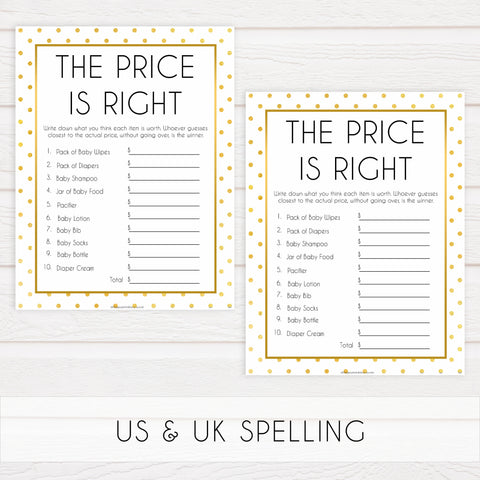 baby price is right game, price is right baby shower, Printable baby shower games, baby gold dots fun baby games, baby shower games, fun baby shower ideas, top baby shower ideas, gold glitter shower baby shower, friends baby shower ideas
