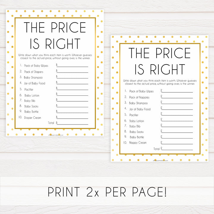 baby price is right game, price is right baby shower, Printable baby shower games, baby gold dots fun baby games, baby shower games, fun baby shower ideas, top baby shower ideas, gold glitter shower baby shower, friends baby shower ideas