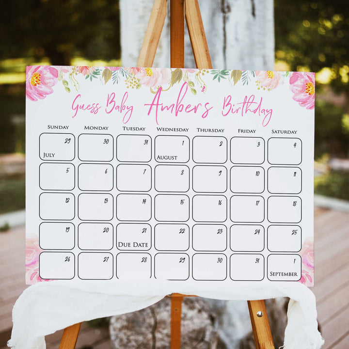 guess the baby birthday game, printable baby games, fun baby shower games, blush floral baby shower game, baby predictions game, baby shower ideas