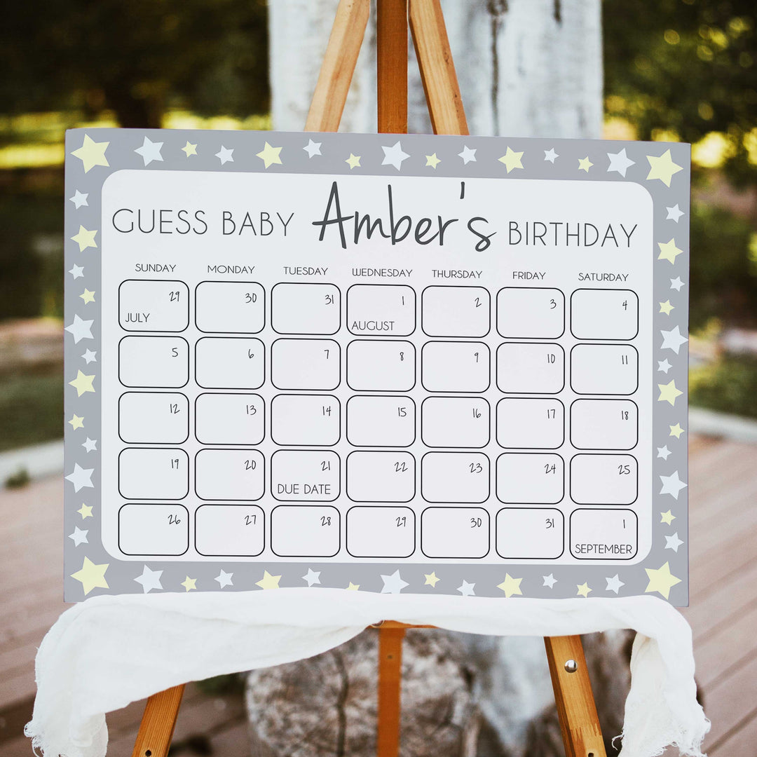 Grey Yellow Stars Baby Birthday Prediction Game, Guess The Baby Birthday Game, Baby Shower Games, Grey Stars Guess Baby Birthday Game, printable baby shower games, fun baby games