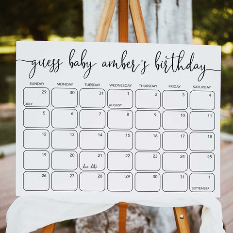 guess the baby birthday game, baby birthday predictions game, minimalist baby shower games, printable baby shower games, fun baby shower ideas