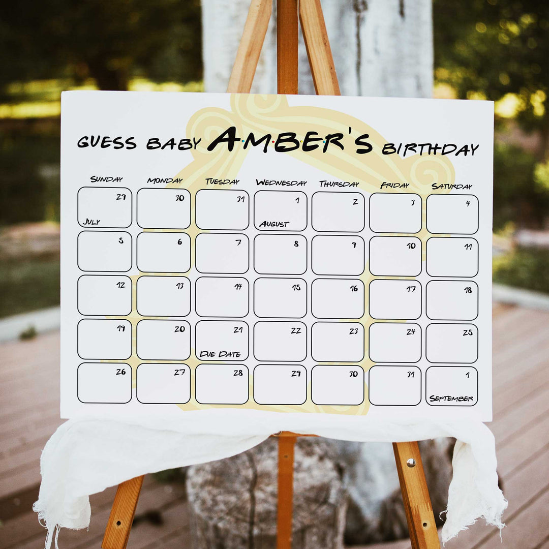 guess the baby birthday game, baby birthday predictions game, friends baby shower games, friends baby shower theme