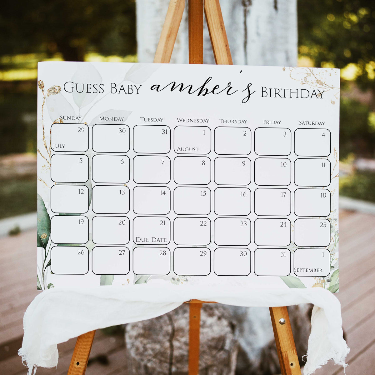 guess the baby birthday game, baby birthday predictions game, printable baby shower games, gold leaf baby games, greenery baby shower