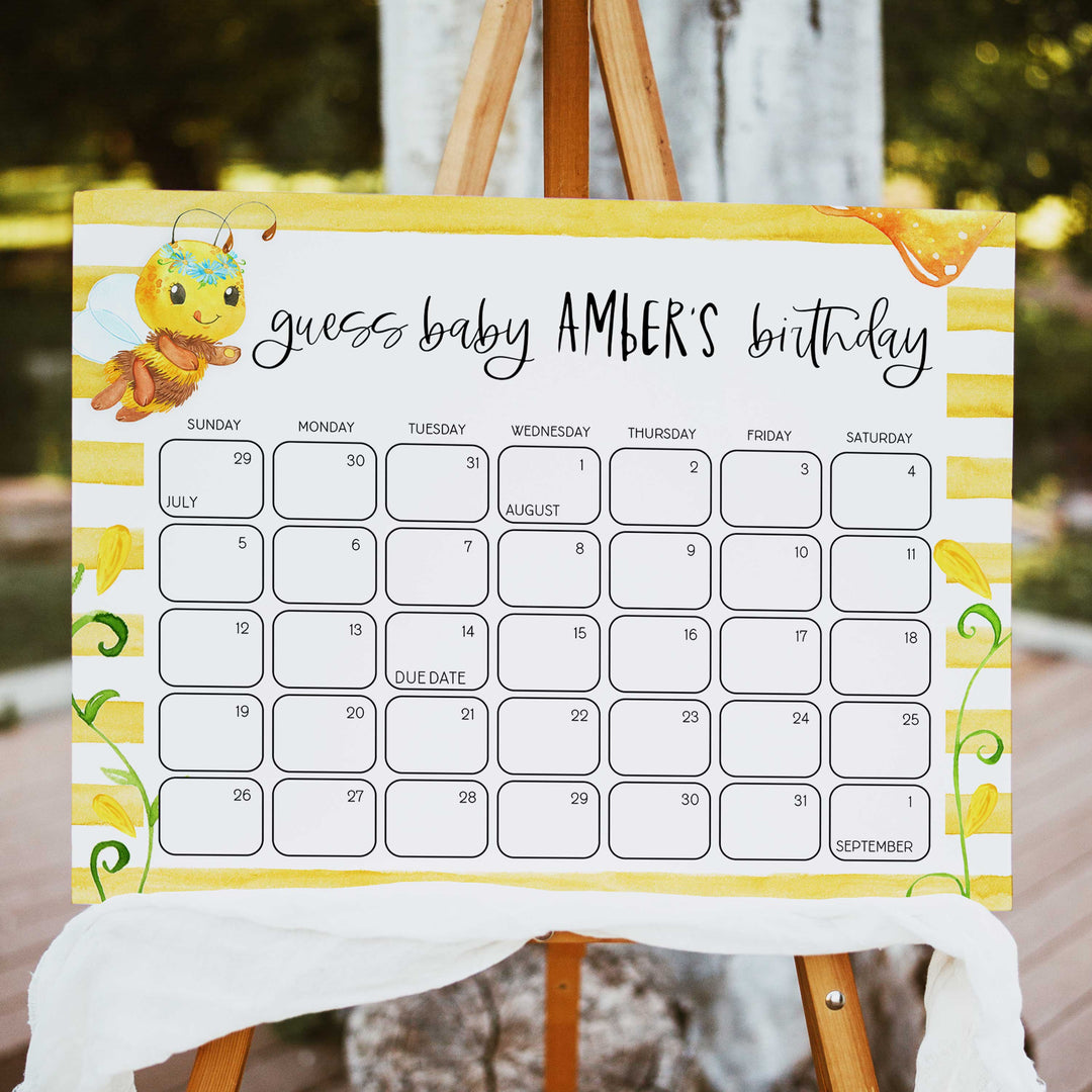 guess the baby birthday game, baby birthday predictions game, minimalist baby shower games, printable baby shower games, fun baby shower ideas, mommy bee baby shower