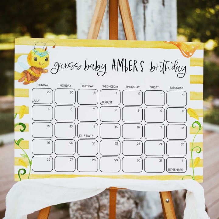 guess the baby birthday game, baby birthday predictions game, minimalist baby shower games, printable baby shower games, fun baby shower ideas, mommy bee baby shower