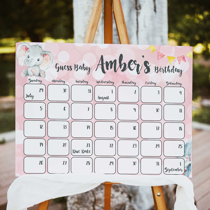 guess the baby birthday game, pink elephant theme baby shower games, printable baby shower games, baby birthday predictions game