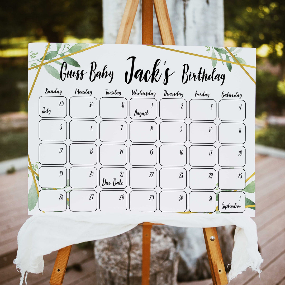 guess the baby birthday game, printable baby shower games, gold geometric baby games, greenery baby games, fun baby decor