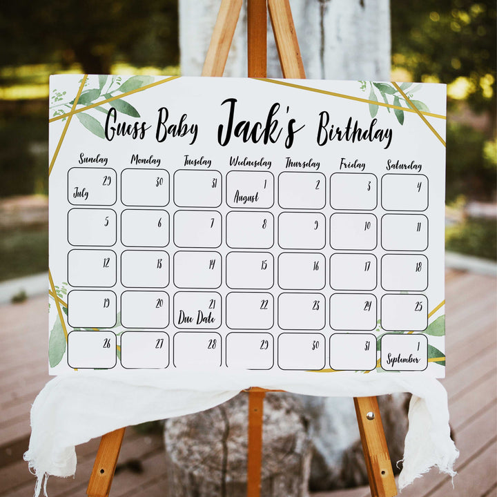 guess the baby birthday game, printable baby shower games, gold geometric baby games, greenery baby games, fun baby decor