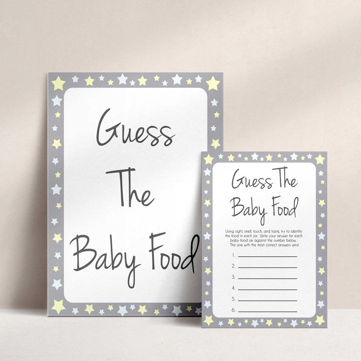 Grey Yellow Stars Guess The Baby Food, Printable Baby Shower Games, Grey Baby Shower Games, Guess The Baby Food, Stars Guess Baby Food, fun baby shower games, popular baby shower games