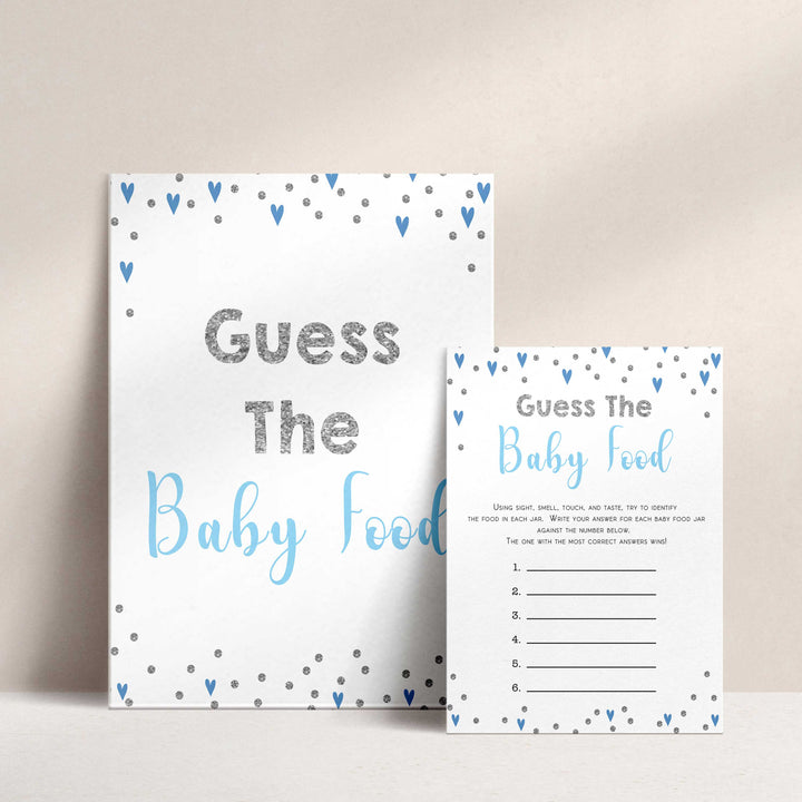 guess the baby food game, Printable baby shower games, small blue hearts fun baby games, baby shower games, fun baby shower ideas, top baby shower ideas, silver baby shower, blue hearts baby shower ideas