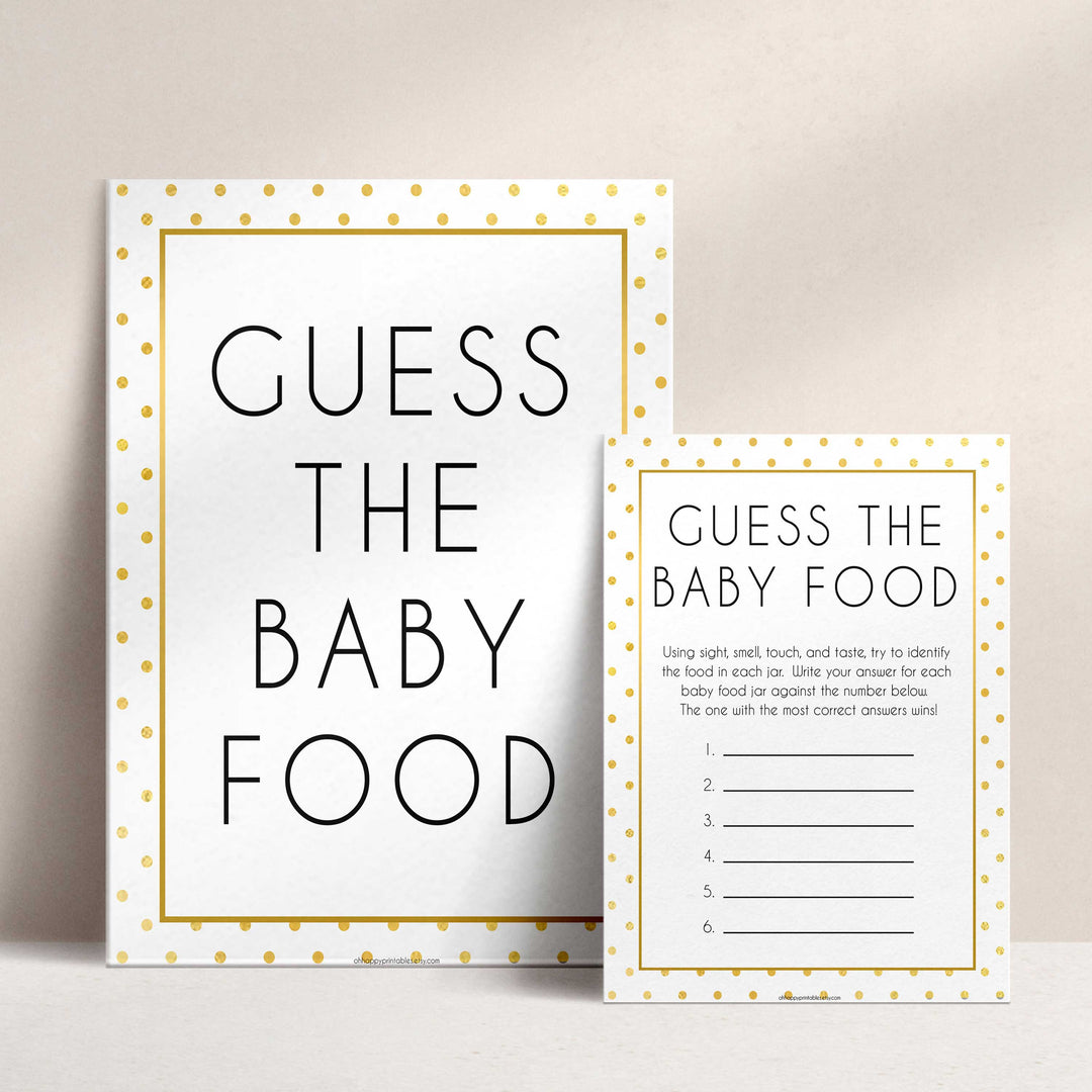 guess the baby food game, Printable baby shower games, baby gold dots fun baby games, baby shower games, fun baby shower ideas, top baby shower ideas, gold glitter shower baby shower, friends baby shower ideas