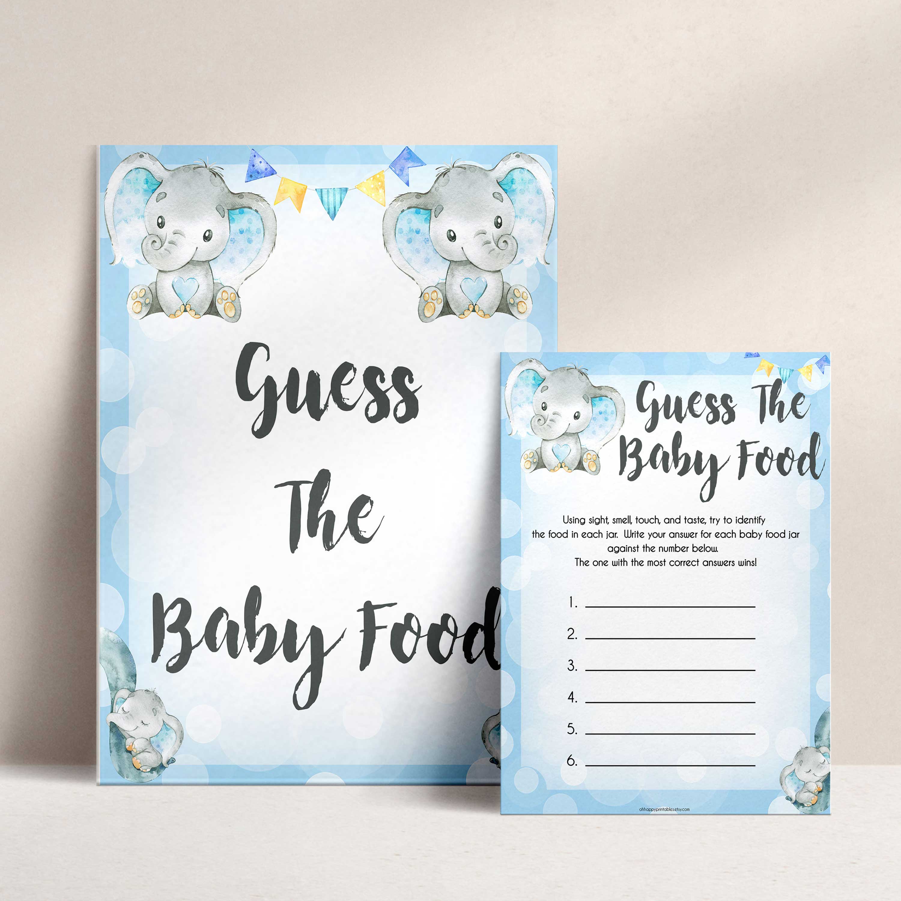 Blue elephant baby games, guess the baby food, elephant baby games, printable baby games, top baby games, best baby shower games, baby shower ideas, fun baby games, elephant baby shower