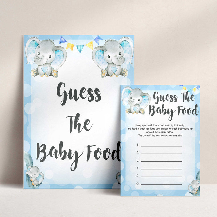 Blue elephant baby games, guess the baby food, elephant baby games, printable baby games, top baby games, best baby shower games, baby shower ideas, fun baby games, elephant baby shower