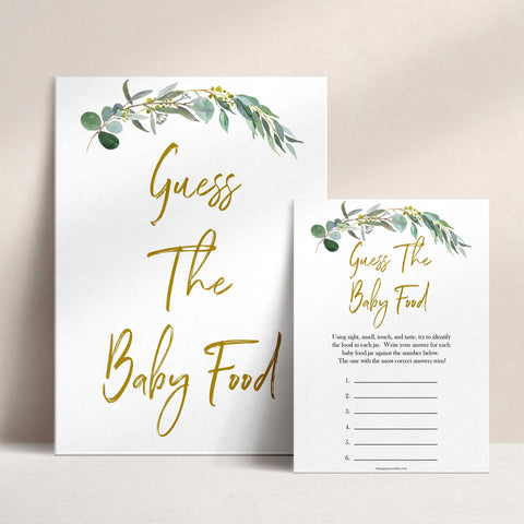 Eucalyptus baby shower games, guess the baby food baby game, fun baby shower games, printable baby games, baby shower ideas, baby games, baby shower baby shower bundle, baby shower games packs, botanical baby shower