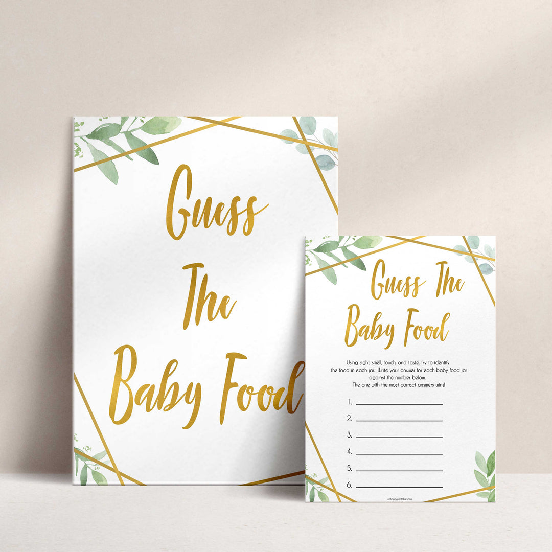 gold geometric guess the baby food baby shower games, printable baby shower games, fun baby games, popular baby games, gold baby games