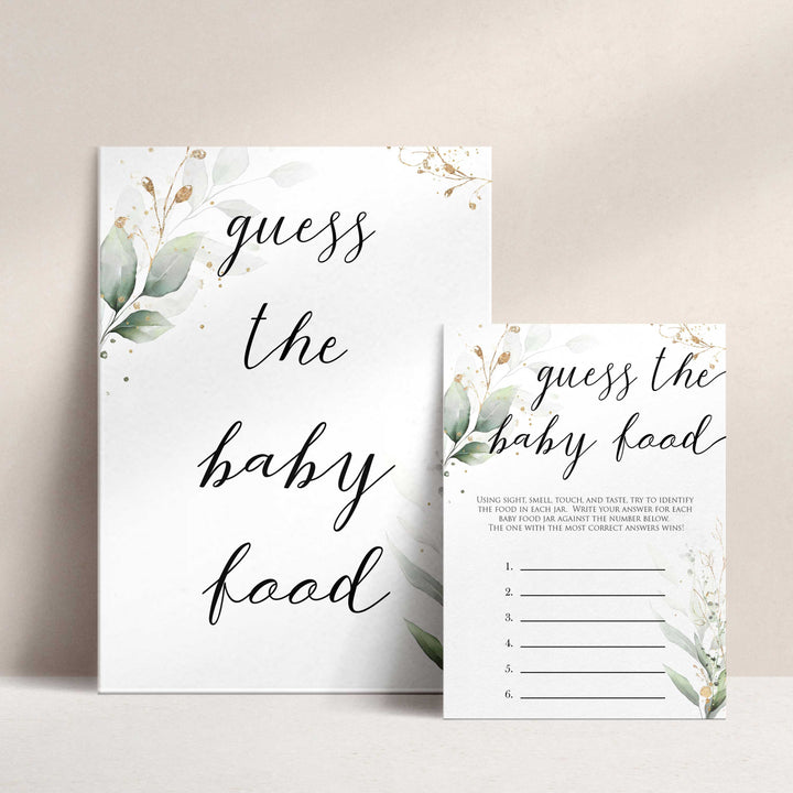 Gold green leaf baby games, guess the baby food, printable baby games, fun baby games, top baby games to play, gold leaf baby shower, greenery baby shower ideas