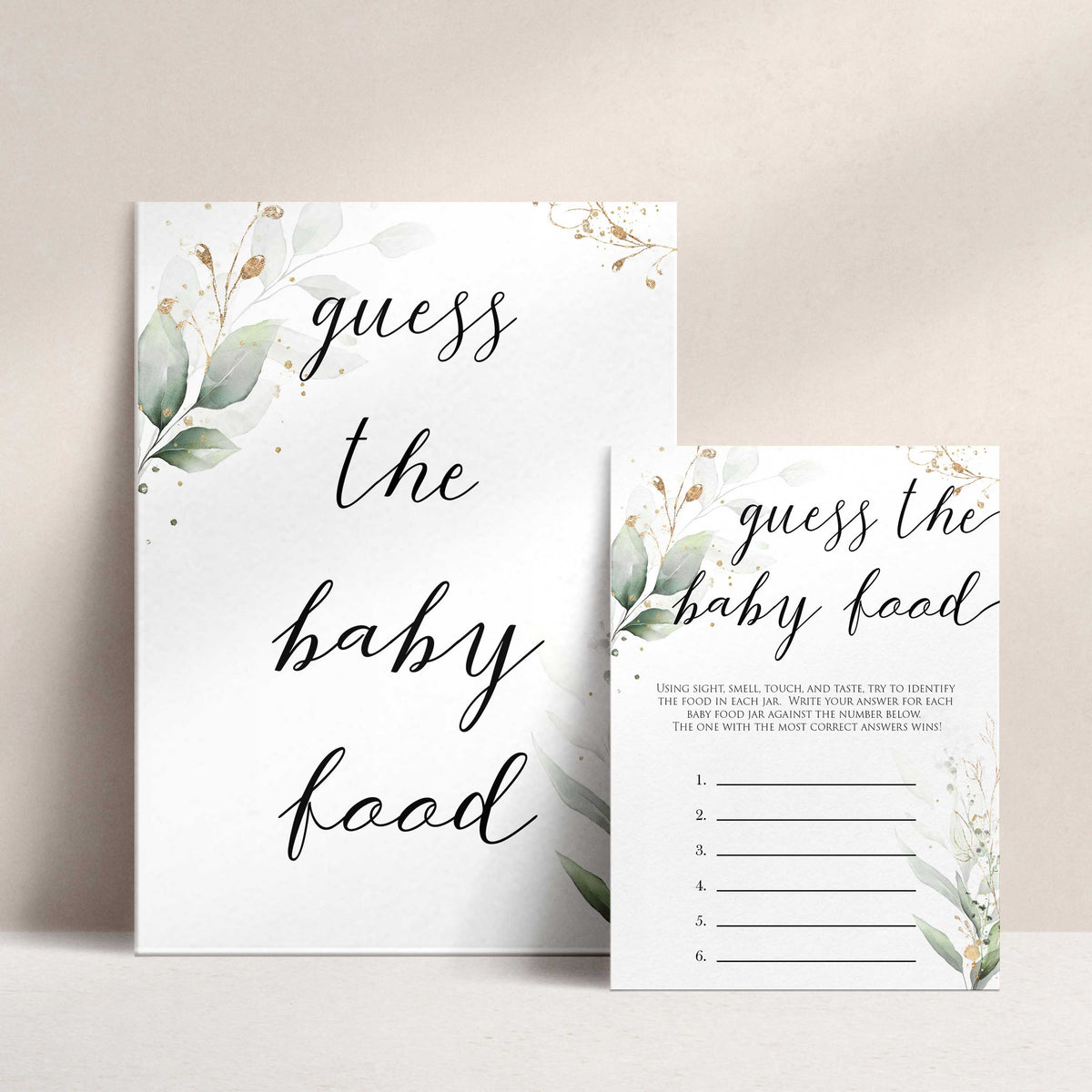Gold green leaf baby games, guess the baby food, printable baby games, fun baby games, top baby games to play, gold leaf baby shower, greenery baby shower ideas