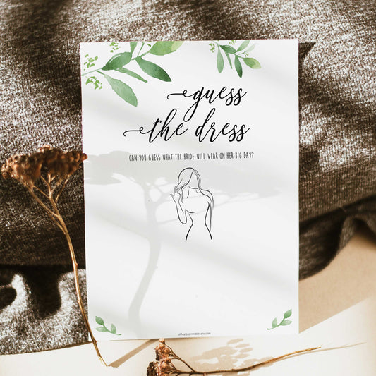 guess the dress game, greenery bridal shower, fun bridal shower games, bachelorette party games, floral bridal games, hen party ideas