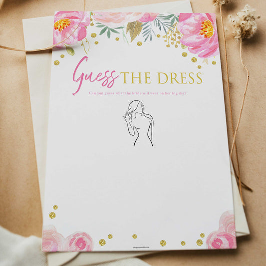 guess the dress game, printable bridal shower games, blush floral bridal shower games, fun bridal shower games