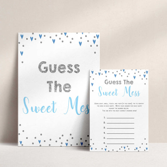 guess the sweet mess, Printable baby shower games, small blue hearts fun baby games, baby shower games, fun baby shower ideas, top baby shower ideas, silver baby shower, blue hearts baby shower ideas
