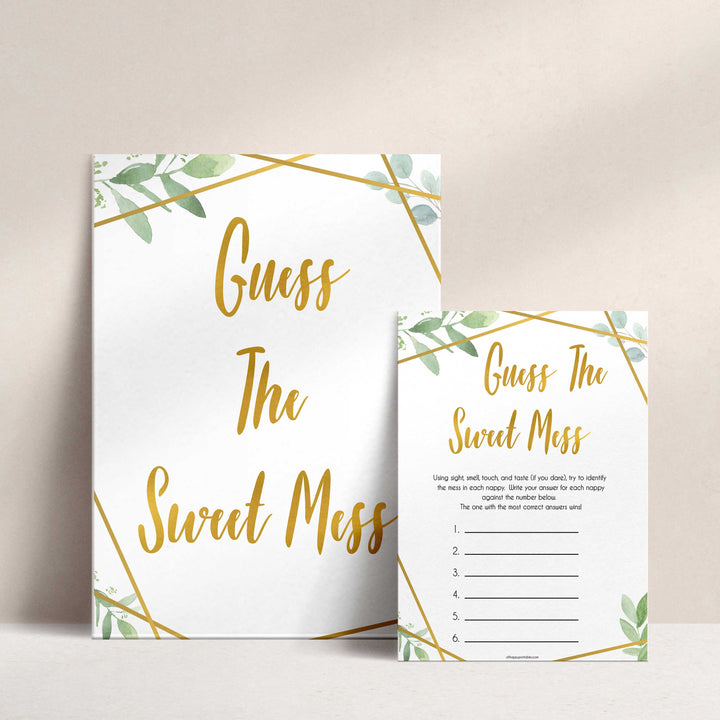 gold geometric guess the sweet mess baby shower games, printable baby shower games, fun baby games, popular baby games, gold baby games