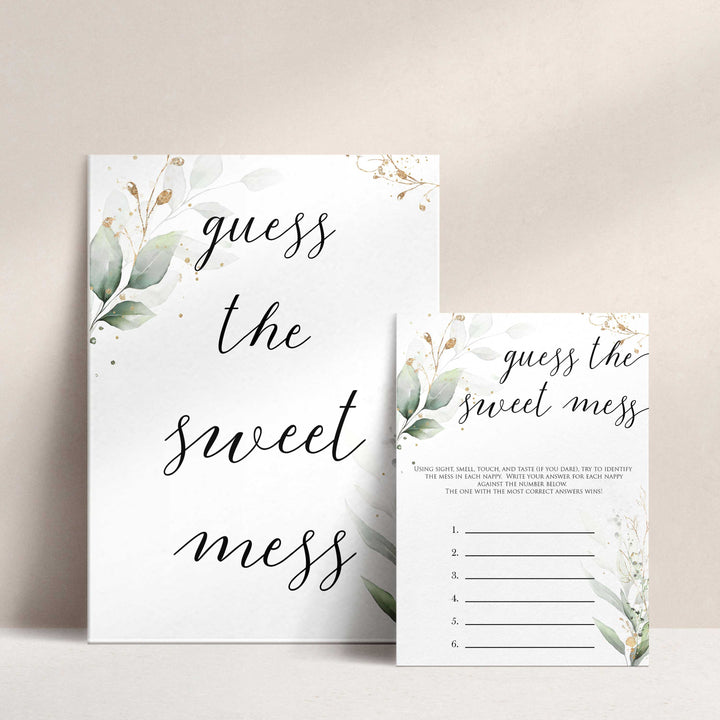 Gold green leaf baby games, guess the sweet mess, printable baby games, fun baby games, top baby games to play, gold leaf baby shower, greenery baby shower ideas