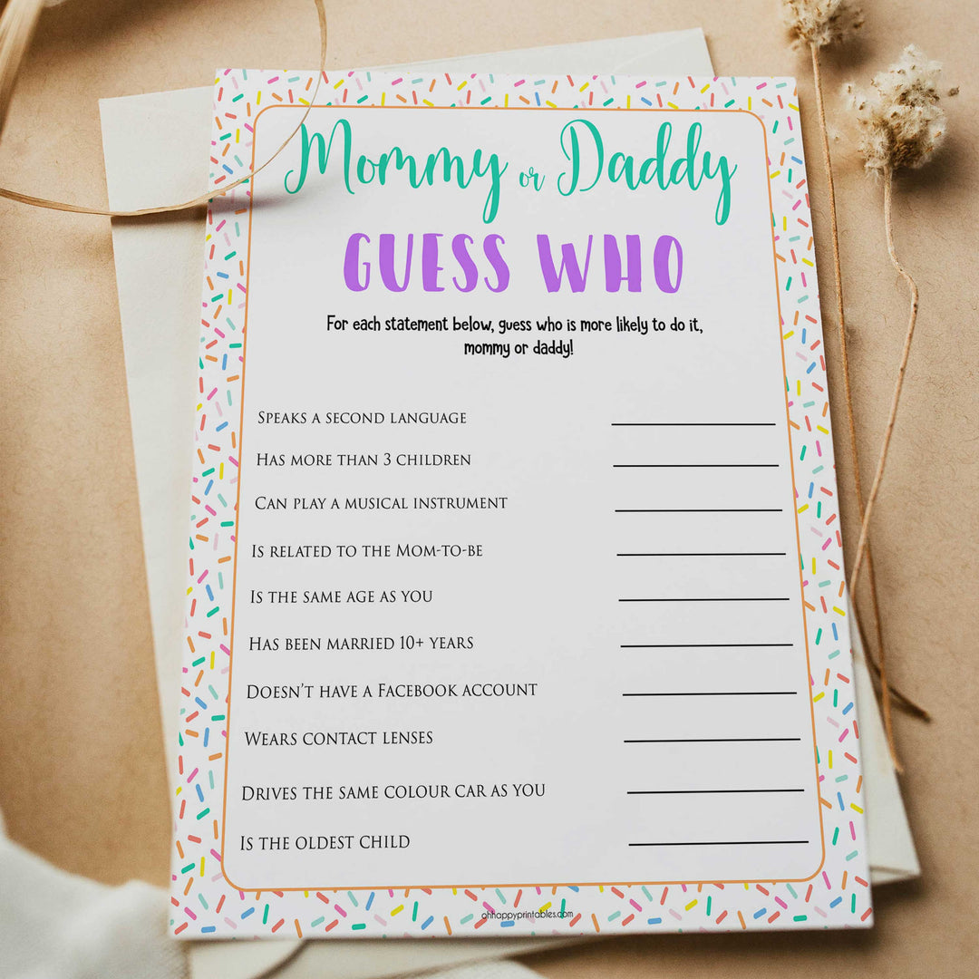 Guess Who mommy or daddy game, Printable baby shower games, baby sprinkle fun baby games, baby shower games, fun baby shower ideas, top baby shower ideas, sprinkle shower baby shower, friends baby shower ideas