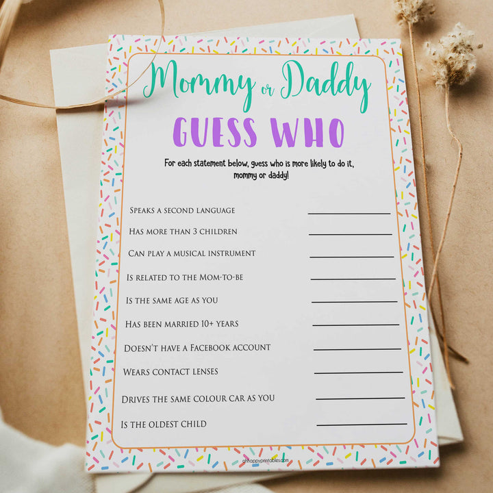 Guess Who mommy or daddy game, Printable baby shower games, baby sprinkle fun baby games, baby shower games, fun baby shower ideas, top baby shower ideas, sprinkle shower baby shower, friends baby shower ideas