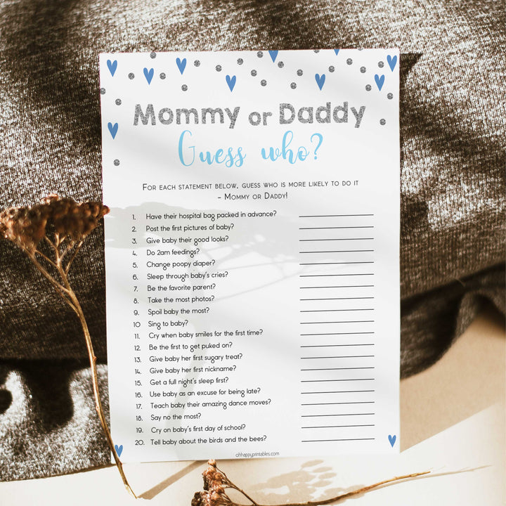 guess who baby game, who said it baby game, Printable baby shower games, small blue hearts fun baby games, baby shower games, fun baby shower ideas, top baby shower ideas, silver baby shower, blue hearts baby shower ideas