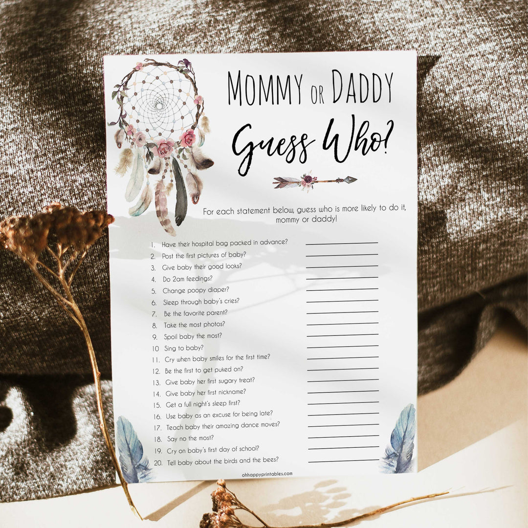 Boho baby games, guess who's more likely baby game, fun baby games, printable baby games, top 10 baby games, boho baby shower, baby games, hilarious baby games