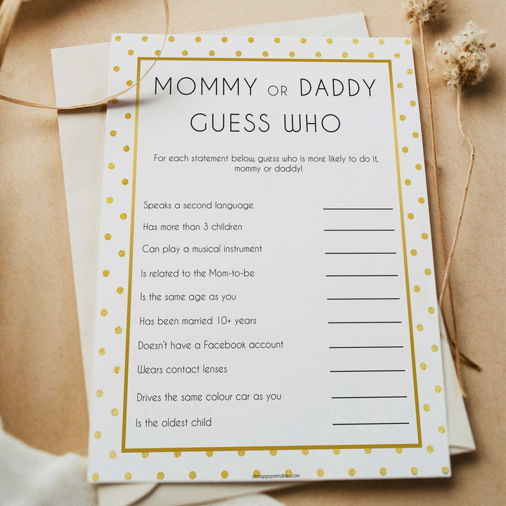 mommy or daddy guess who, guess who baby game, Printable baby shower games, baby gold dots fun baby games, baby shower games, fun baby shower ideas, top baby shower ideas, gold glitter shower baby shower, friends baby shower ideas