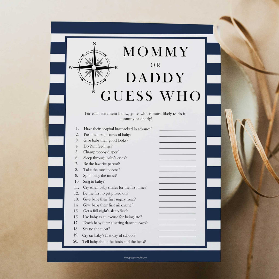 Nautical baby shower games, guess who mommy or daddy baby shower games, printable baby shower games, baby shower games, fun baby games, ahoy its a boy, popular baby shower games, sailor baby games, boat baby games