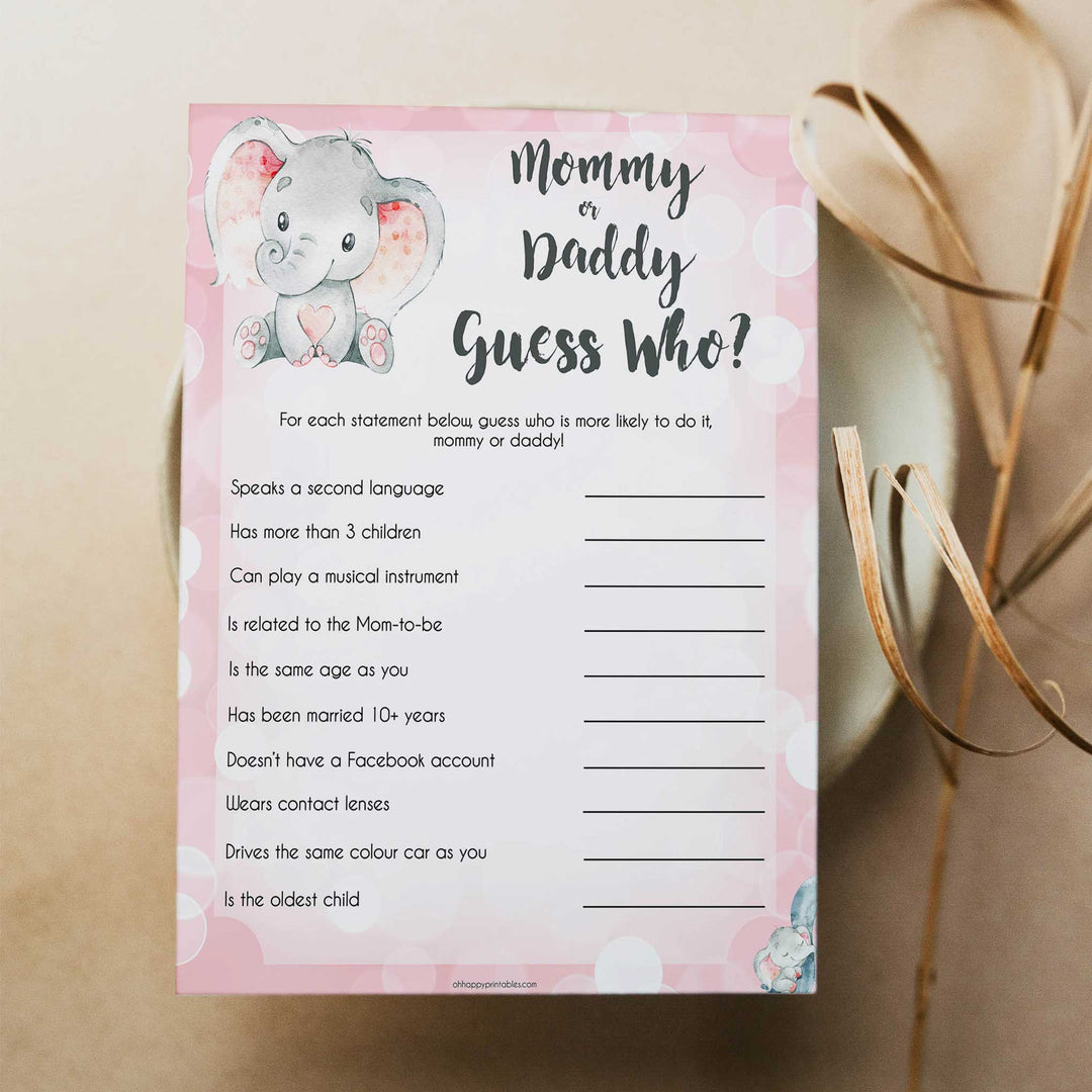 pink elephant baby games, guess who mommy or daddy baby shower games, printable baby shower games, baby shower games, fun baby games, popular baby games, pink baby games