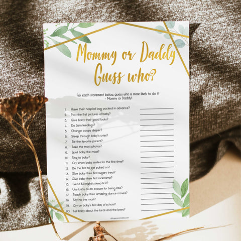 gold geometric mommy daddy guess who baby shower games, printable baby shower games, fun baby games, popular baby games, gold baby games