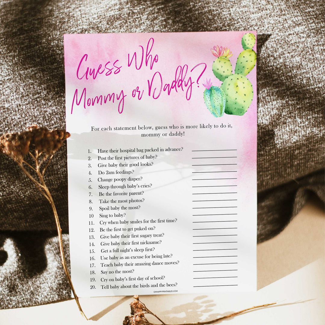 Cactus baby shower games, cactus guess who mommy or daddy baby game, printable baby games, Mexican baby shower, Mexican baby games, fiesta baby games, popular baby games, printable baby games