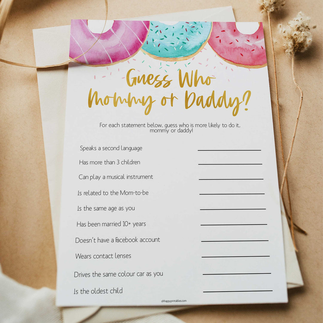 editable baby shower games, guess who mommy or daddy game, Printable baby shower games, donut baby games, baby shower games, fun baby shower ideas, top baby shower ideas, donut sprinkles baby shower, baby shower games, fun donut baby shower ideas