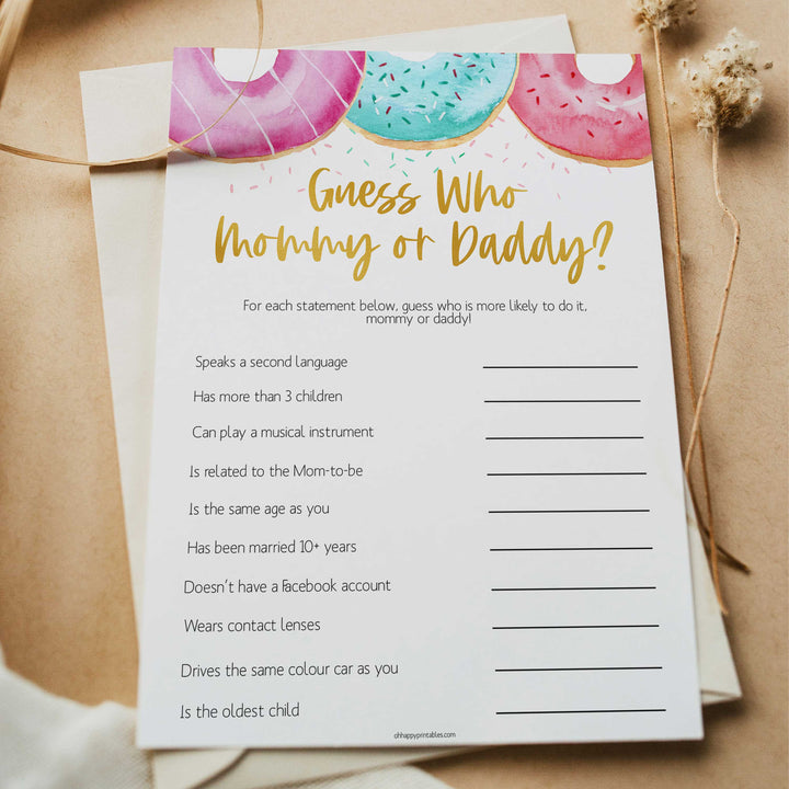 editable baby shower games, guess who mommy or daddy game, Printable baby shower games, donut baby games, baby shower games, fun baby shower ideas, top baby shower ideas, donut sprinkles baby shower, baby shower games, fun donut baby shower ideas