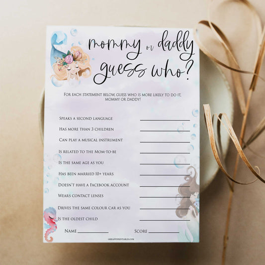 mommy or daddy guess who game, baby he said she said game, Printable baby shower games, little mermaid baby games, baby shower games, fun baby shower ideas, top baby shower ideas, little mermaid baby shower, baby shower games, pink hearts baby shower ideas