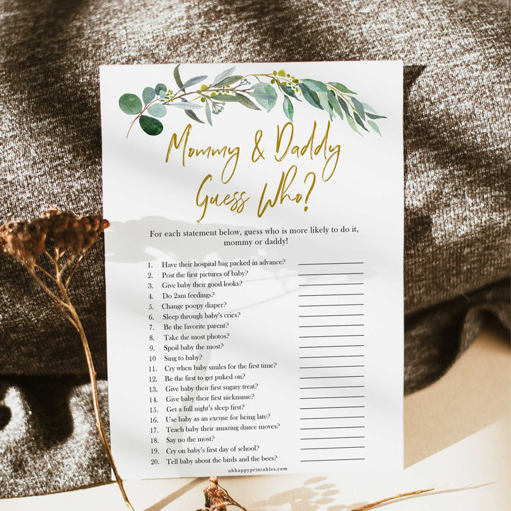 Eucalyptus baby shower games, mommy or daddy guess who baby game, fun baby shower games, printable baby games, baby shower ideas, baby games, baby shower baby shower bundle, baby shower games packs, botanical baby shower