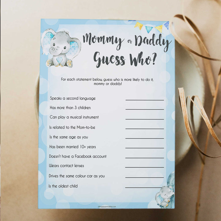 Blue elephant baby games, mommy or daddy guess who game, elephant baby games, printable baby games, top baby games, best baby shower games, baby shower ideas, fun baby games, elephant baby shower
