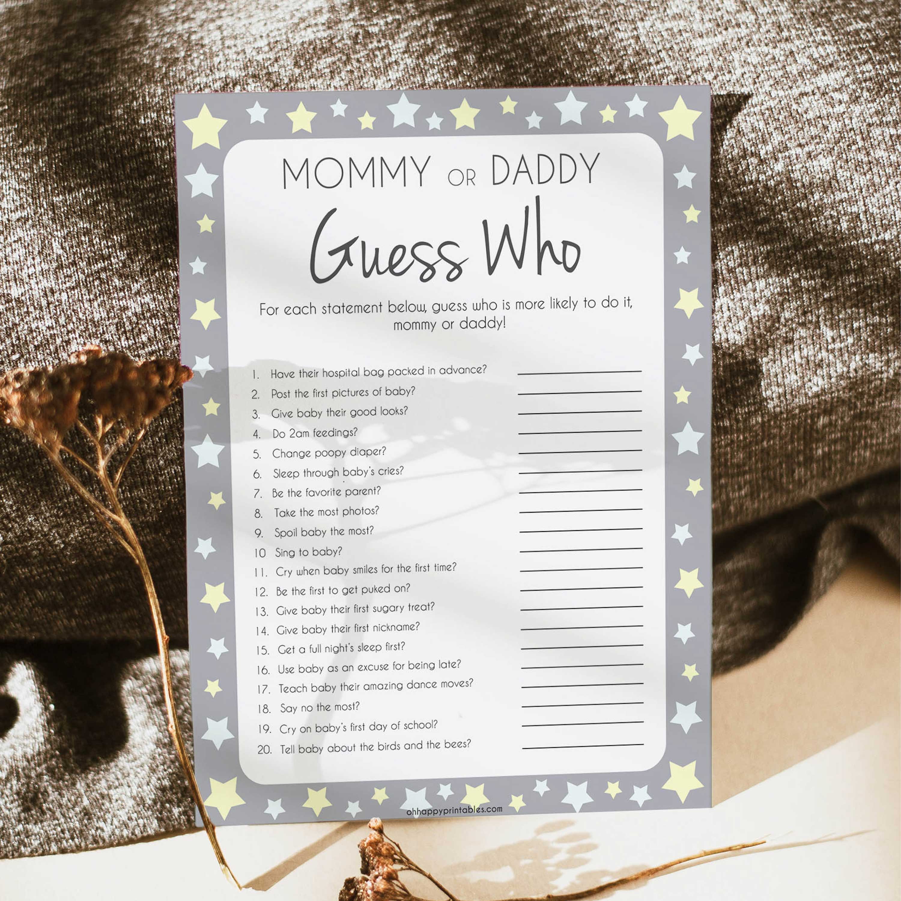 Mommy or Daddy Guess Who Baby Game, Printable Baby Shower Games, Grey Stars Baby Games, Guess Who Baby Game, Stars Mommy Daddy Guess Who, printable baby shower games, fun baby shower games, popular baby shower games