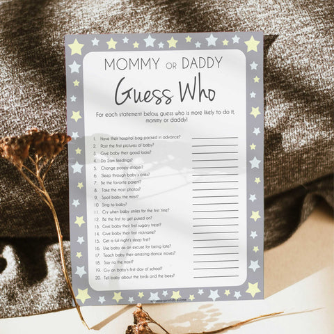 Mommy or Daddy Guess Who Baby Game, Printable Baby Shower Games, Grey Stars Baby Games, Guess Who Baby Game, Stars Mommy Daddy Guess Who, printable baby shower games, fun baby shower games, popular baby shower games