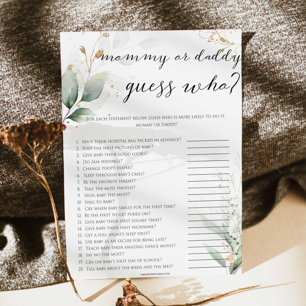 Gold green leaf baby games, guess who mommy or daddy game, printable baby games, fun baby games, top baby games to play, gold leaf baby shower, greenery baby shower ideas